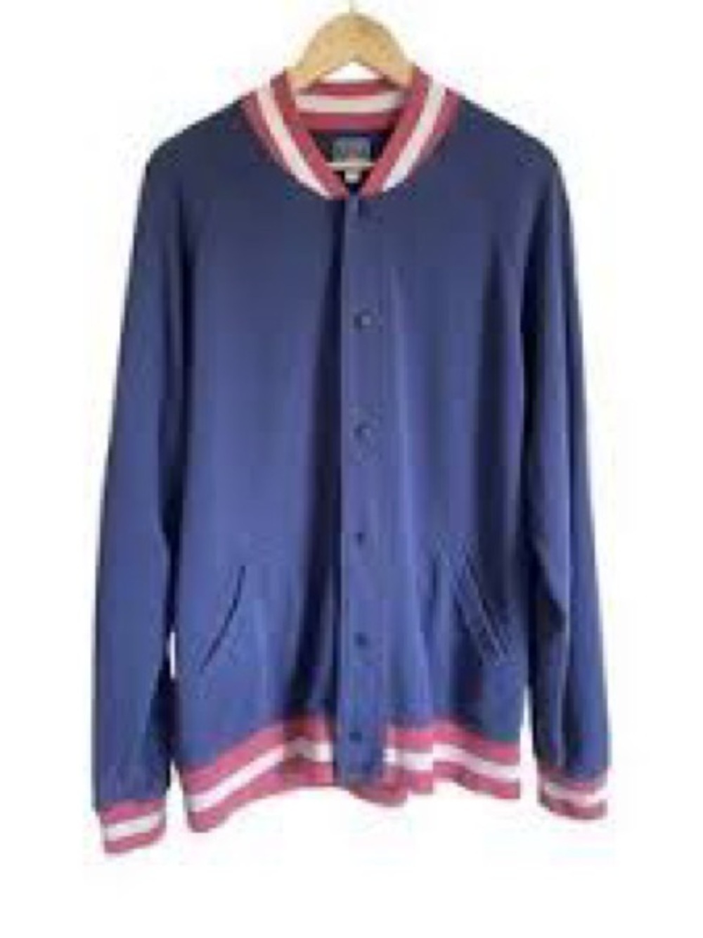 J. Crew Navy Bomber Jacket with Pink & White Ribbed Trim